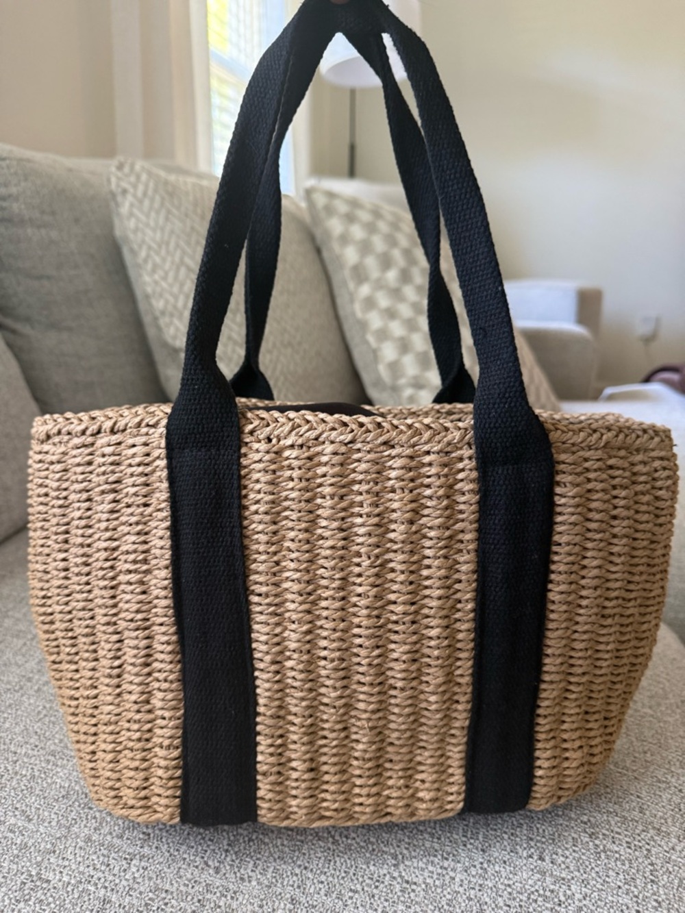 *New* Woven Drawstring Straw Tote Bag with Black Straps